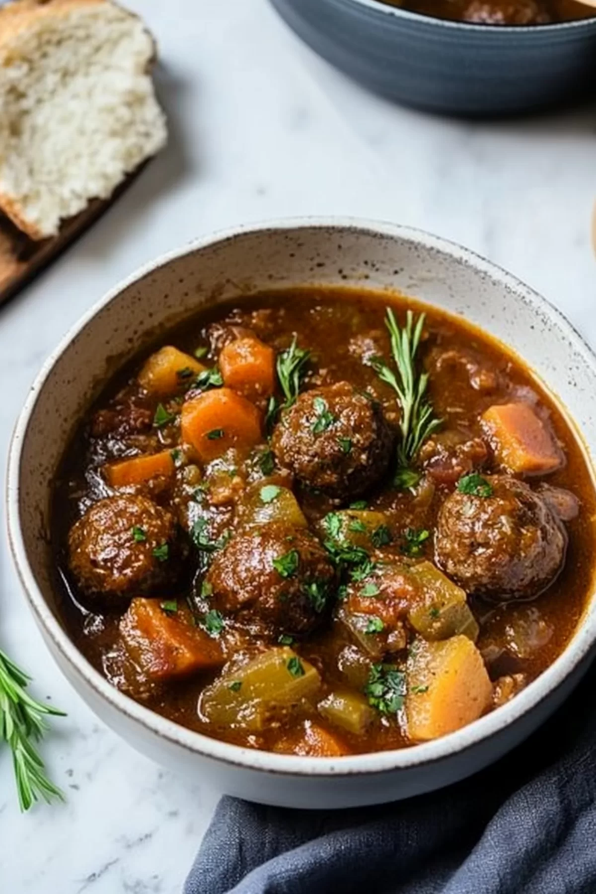 A dinner table setting showcasing a steaming bowl of stew paired with crusty bread.