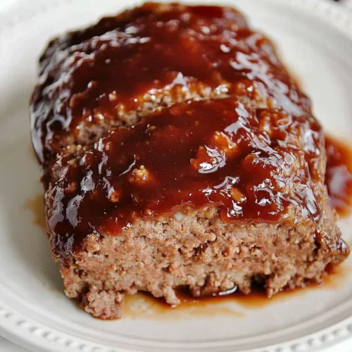 Close-up of a thick brown sugar glaze being poured over a freshly baked meatloaf.