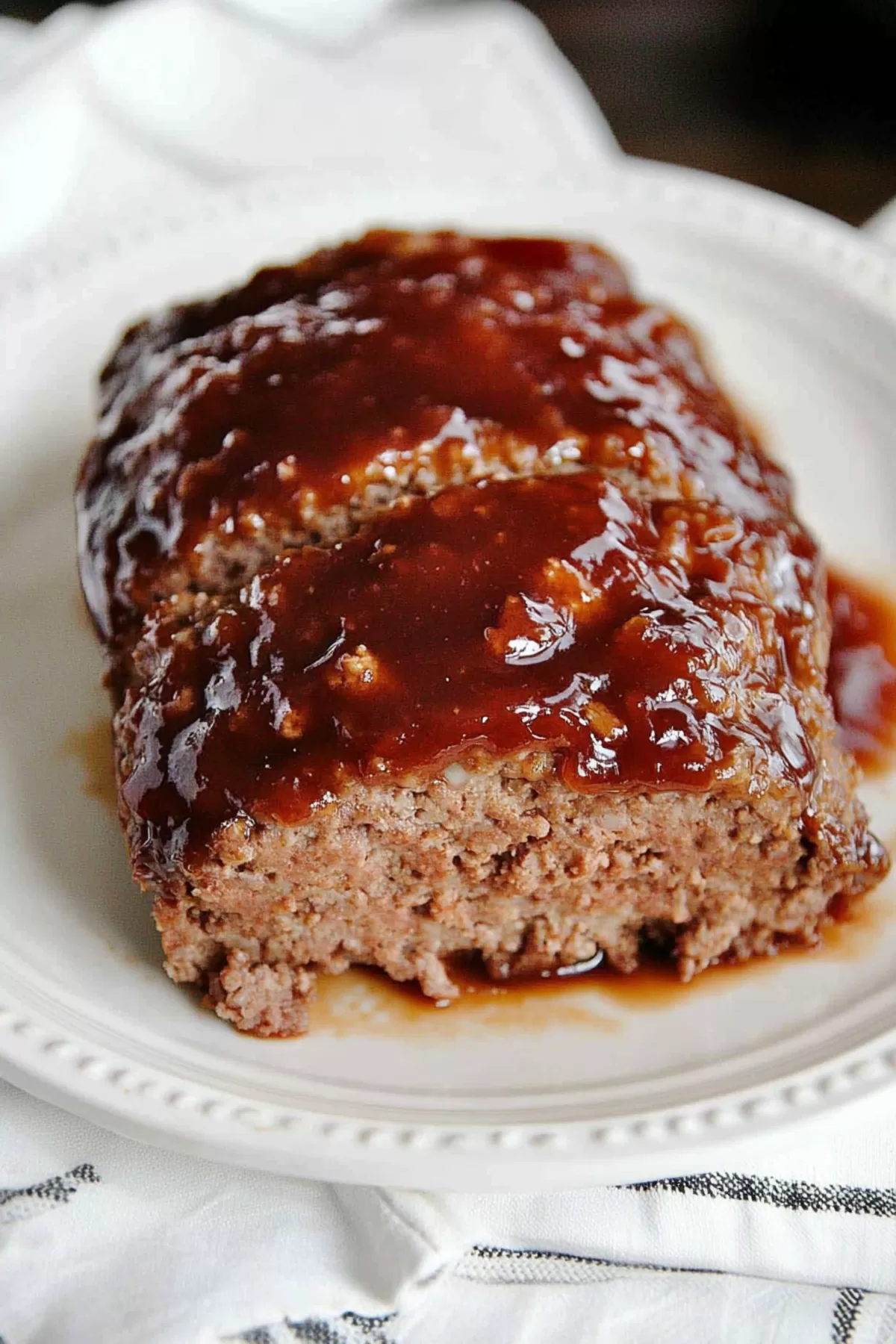 Close-up of a thick brown sugar glaze being poured over a freshly baked meatloaf.