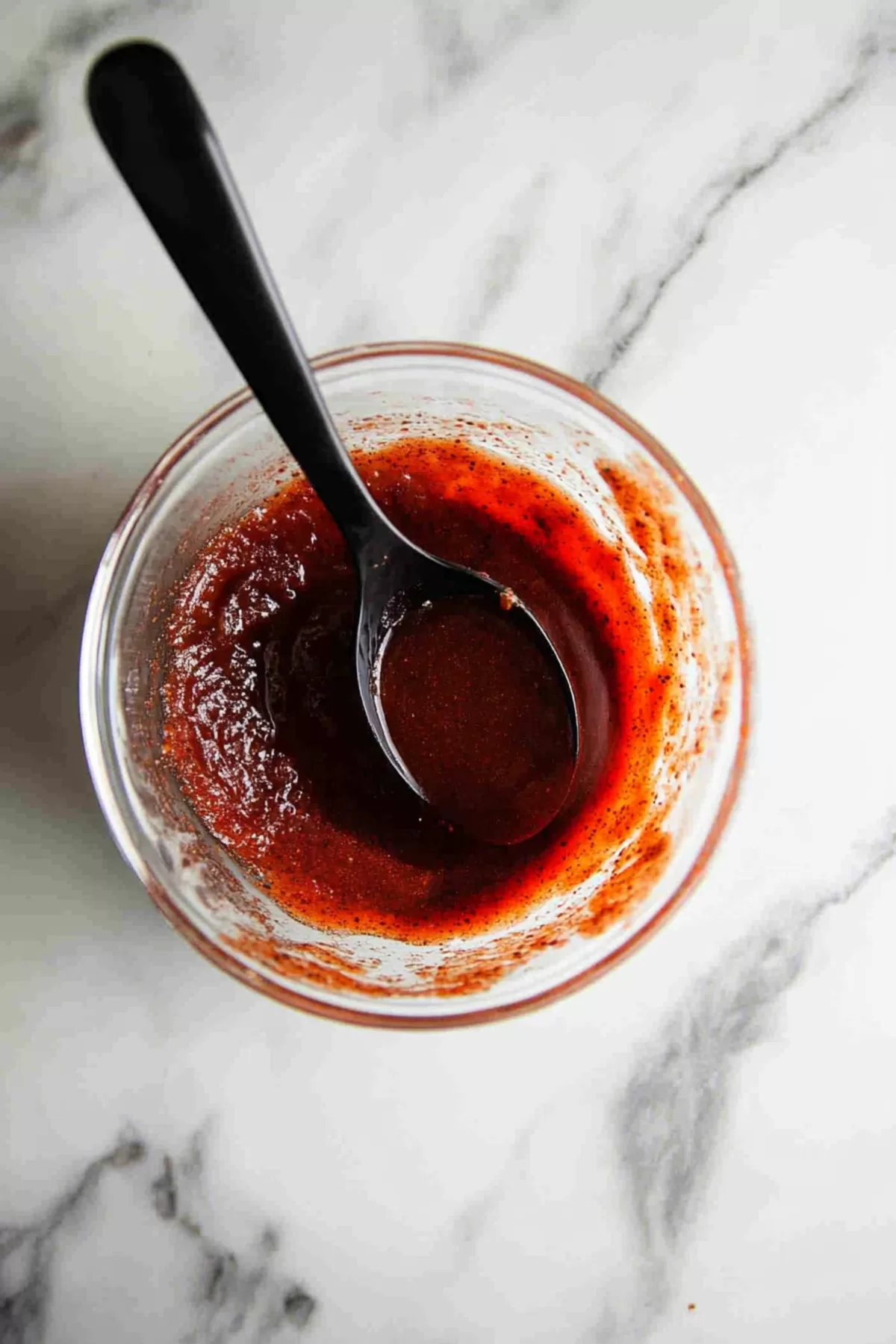 A bowl of brown sugar glaze with a spoon, ready to be spread on the meatloaf.