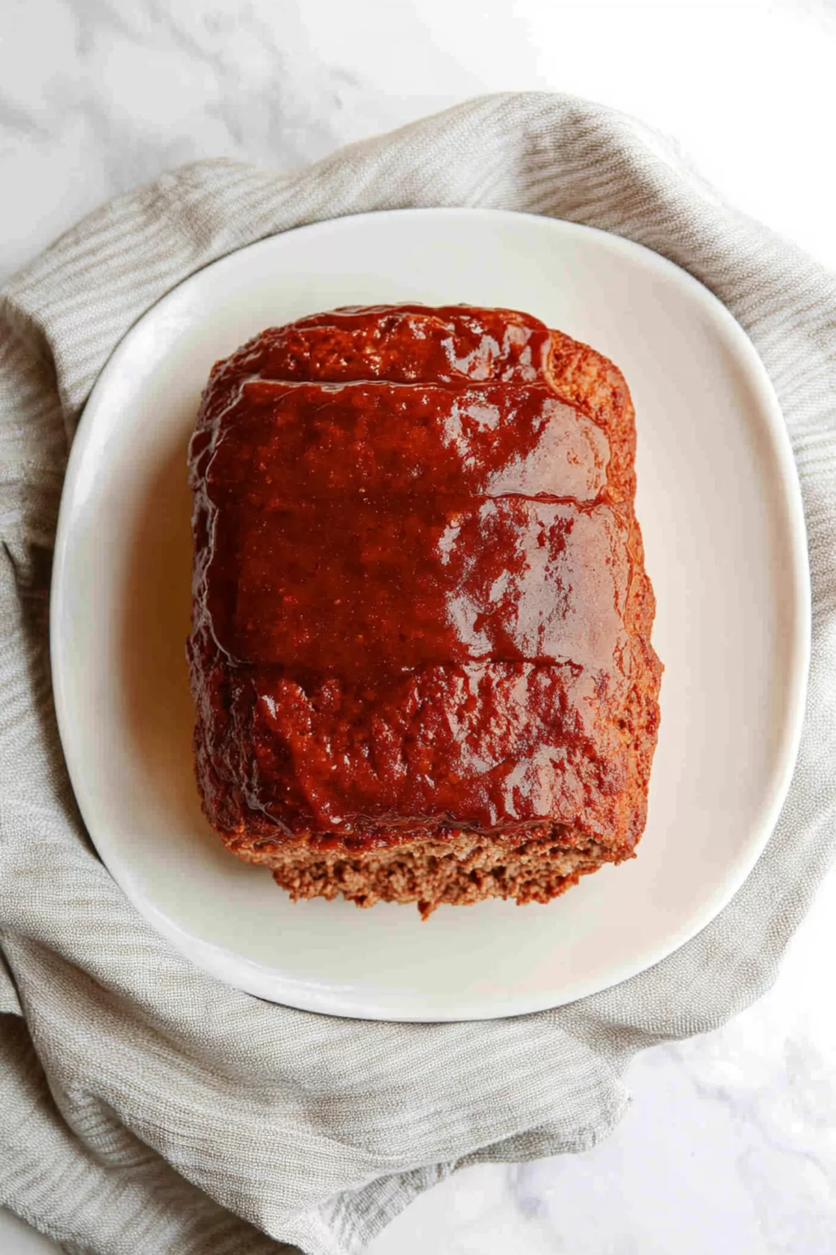 A moist meatloaf topped with a glossy brown sugar glaze on a white serving plate.