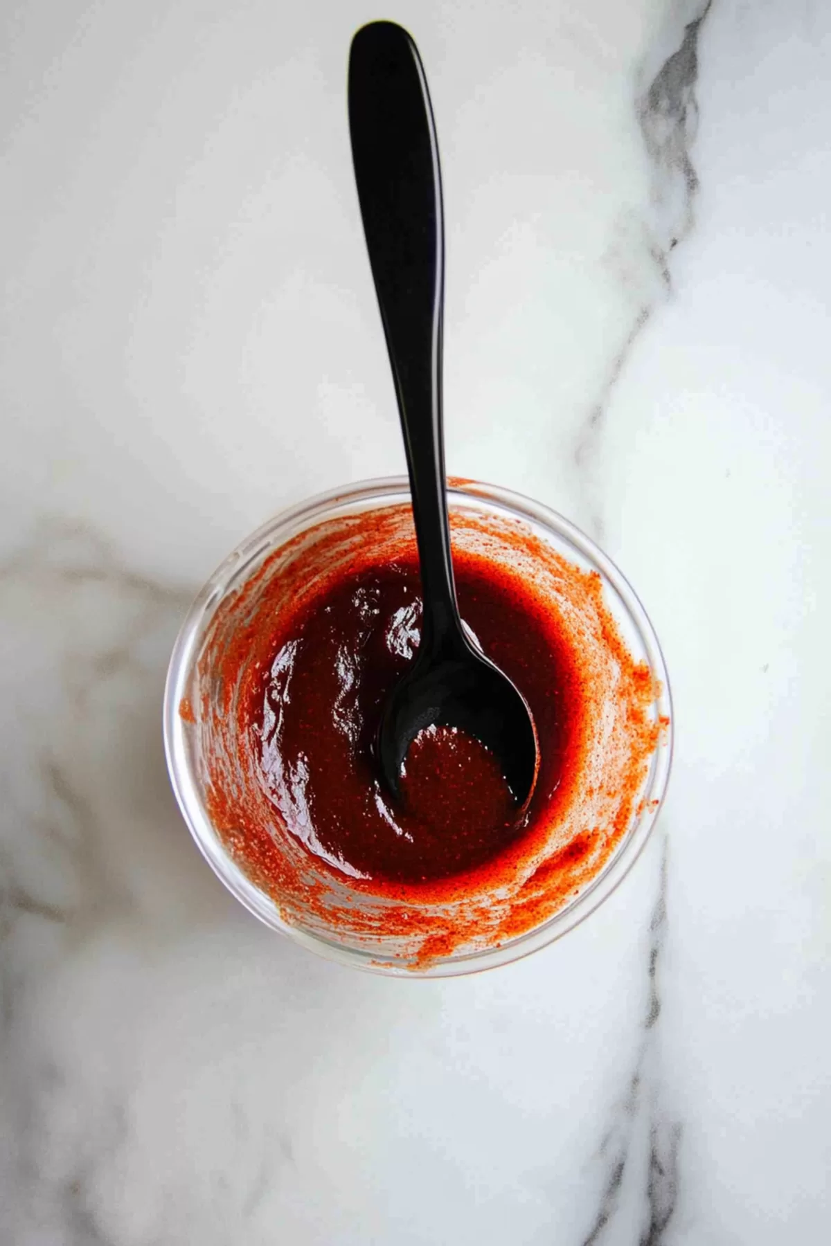 Freshly prepared brown sugar glaze in a glass bowl with a spoon ready for spreading.