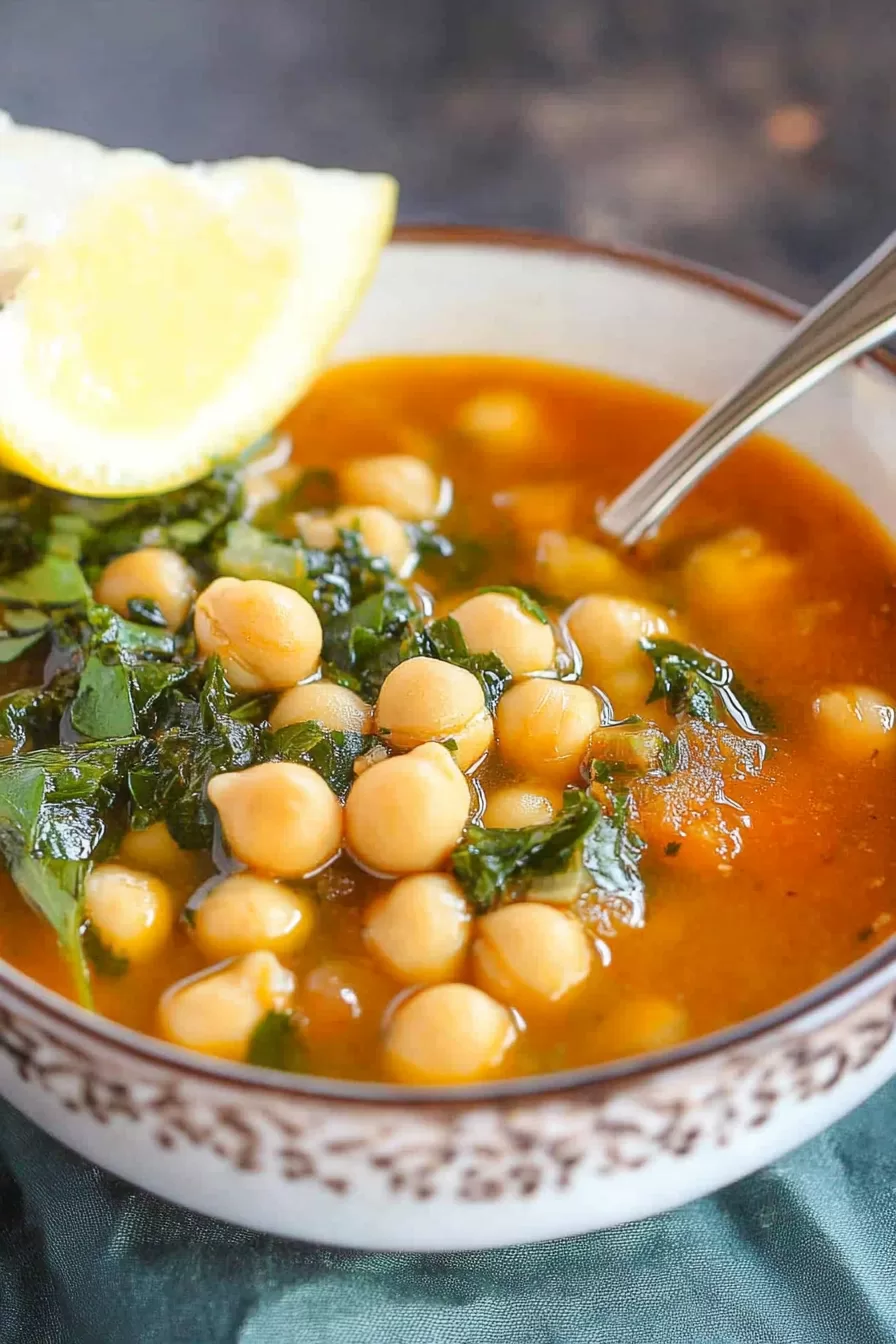 Close-up of a warm and comforting soup, showcasing tender chickpeas and a vibrant broth.