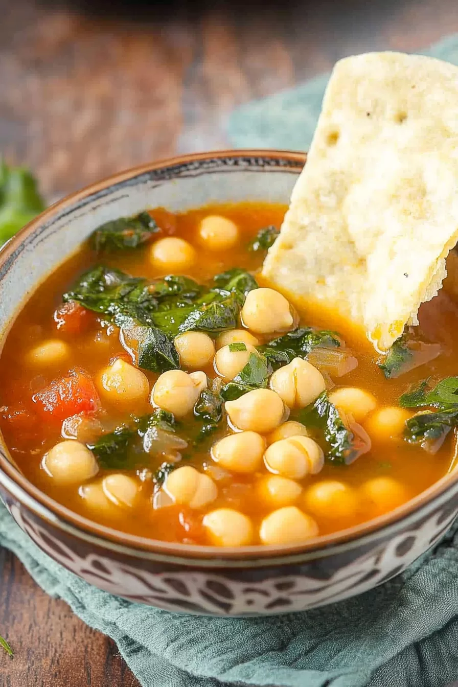 A hearty bowl of soup featuring chickpeas, fresh vegetables, and a light sprinkle of parsley.