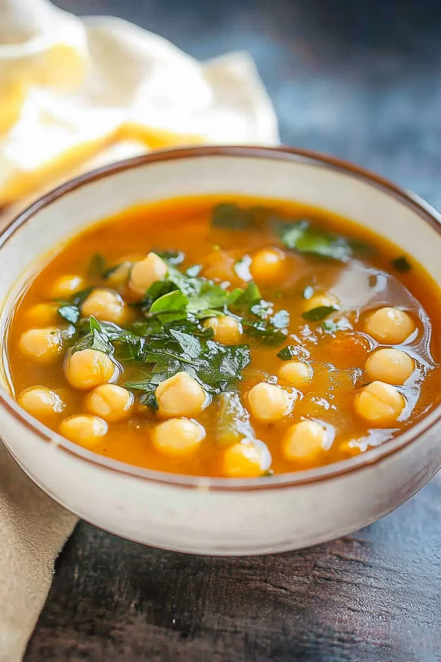 A rustic serving of chickpea soup in a bowl, paired with crusty bread for dipping.