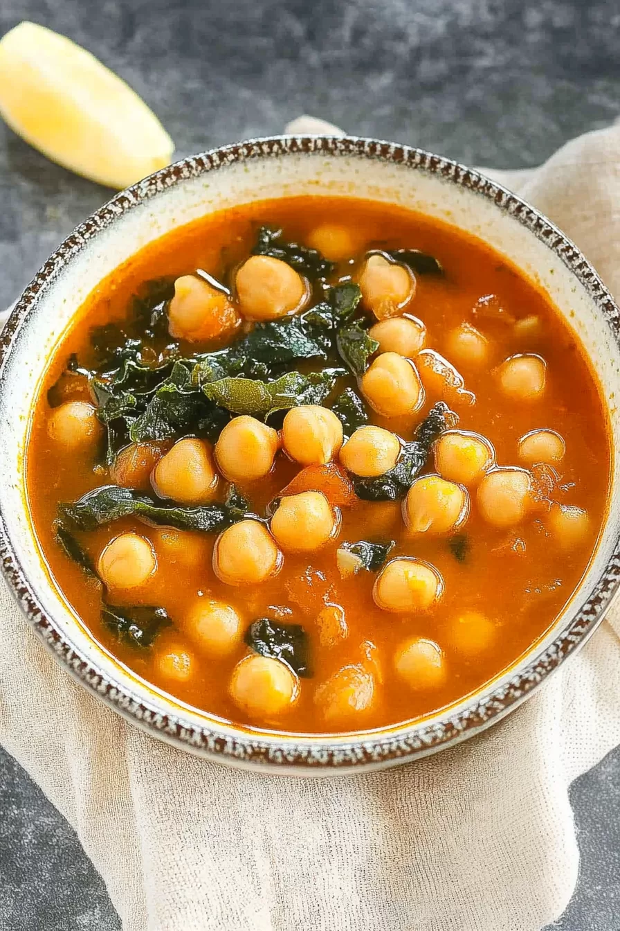 A colorful medley of Mediterranean flavors in a steaming bowl of chickpea soup.