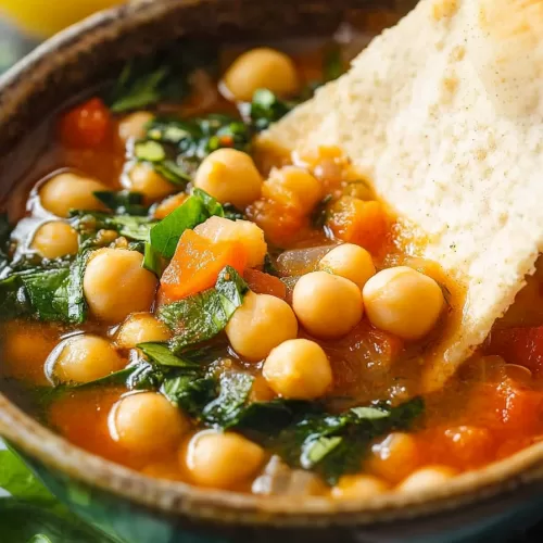 A healthy and flavorful soup with chickpeas and fresh herbs, served in a ceramic dish.