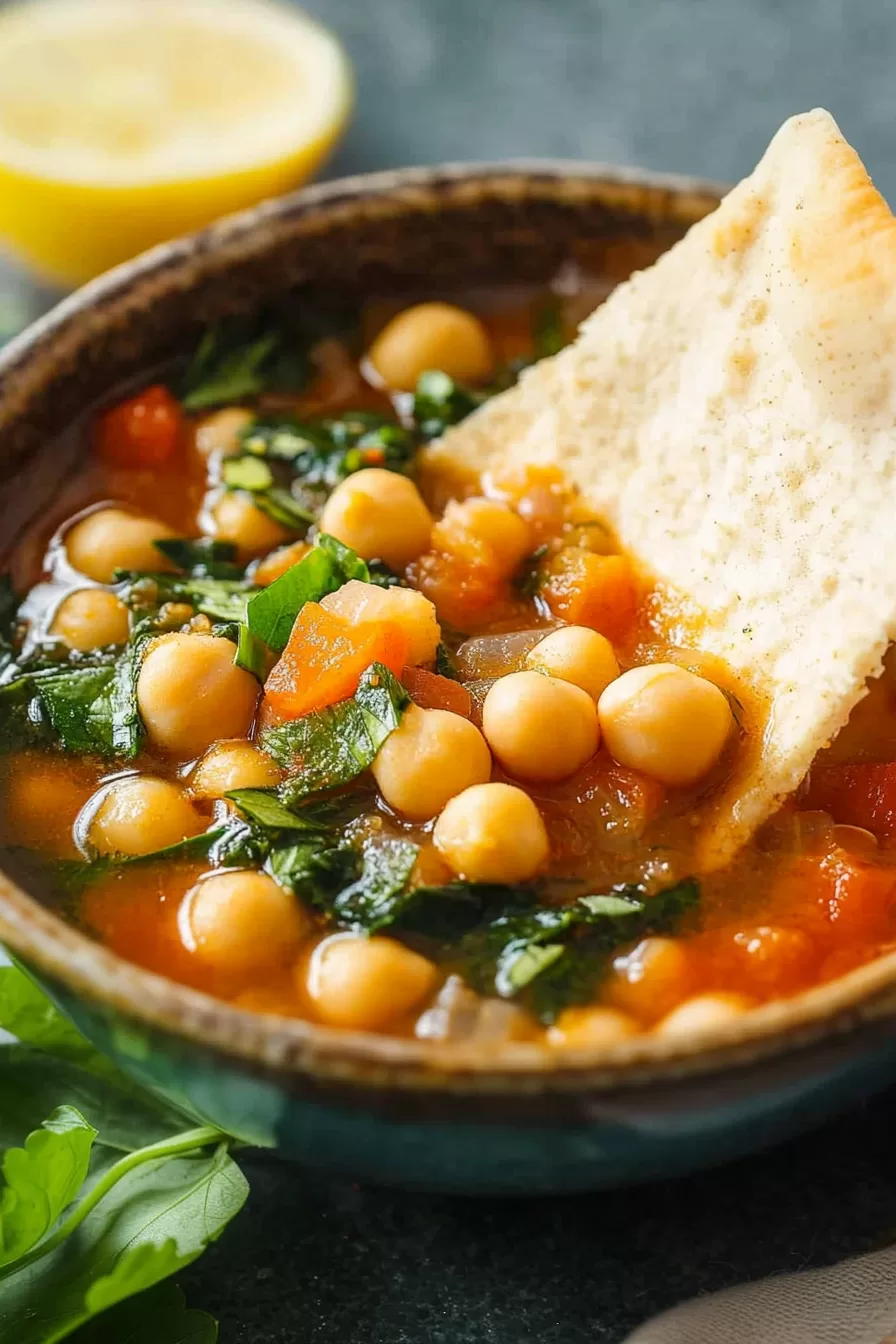 A healthy and flavorful soup with chickpeas and fresh herbs, served in a ceramic dish.