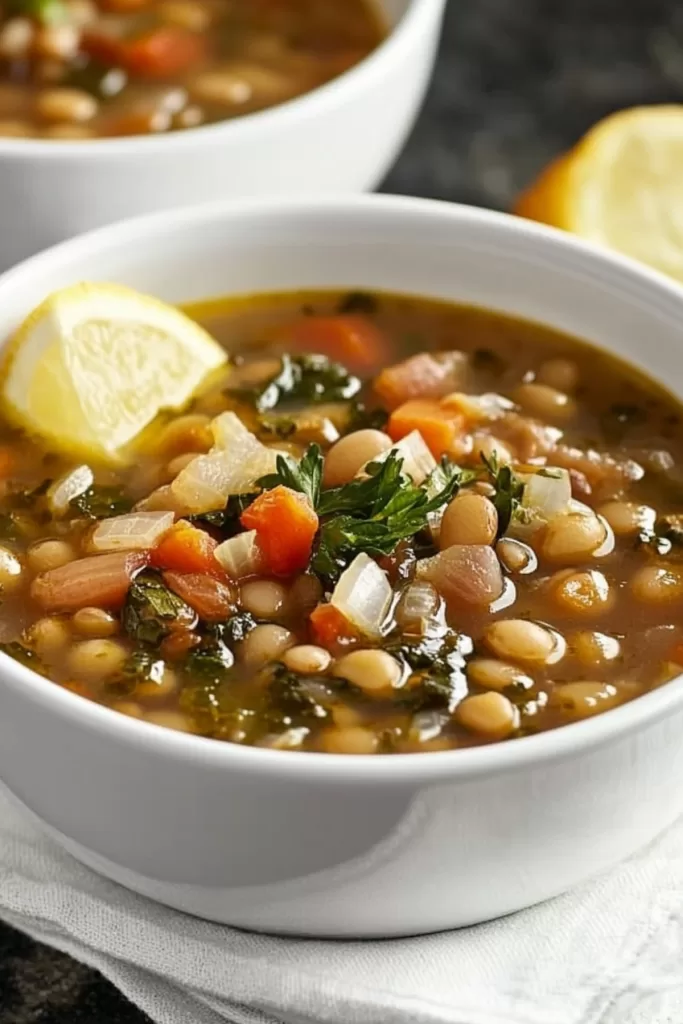 A comforting bowl of Mediterranean lentil soup with diced carrots, kale, and lentils, topped with a lemon wedge.