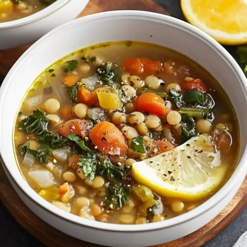 Warm and nourishing Mediterranean lentil soup served in a ceramic bowl, accompanied by fresh parsley and lemon slices on the side.