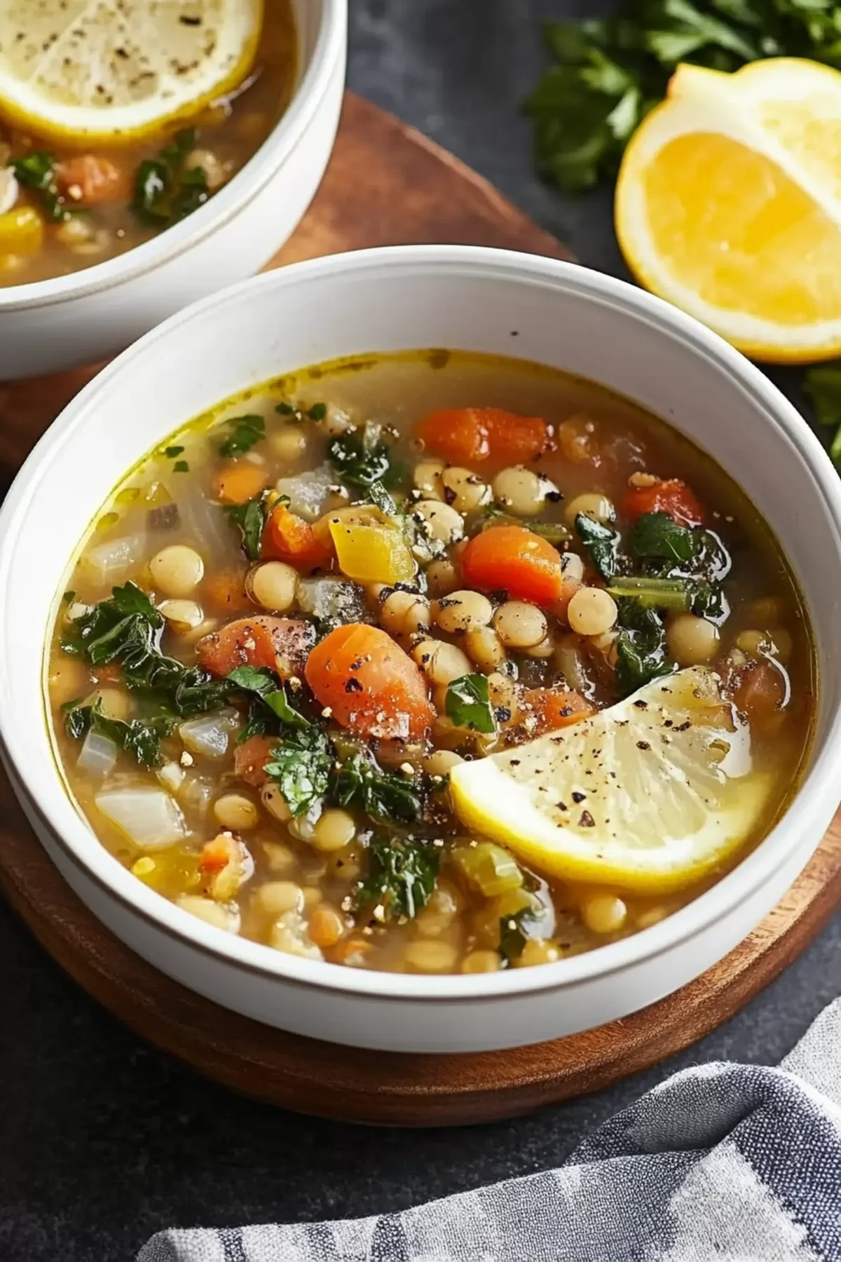 Warm and nourishing Mediterranean lentil soup served in a ceramic bowl, accompanied by fresh parsley and lemon slices on the side.