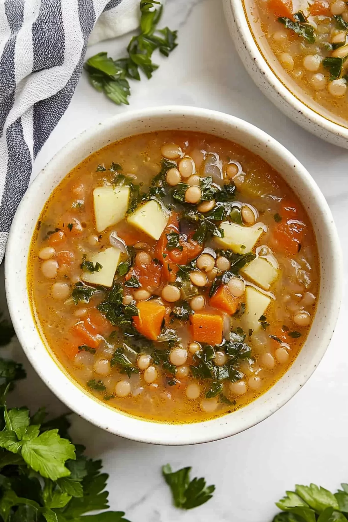 Two bowls of vibrant Mediterranean lentil soup served with colorful vegetables and herbs, ready to enjoy.