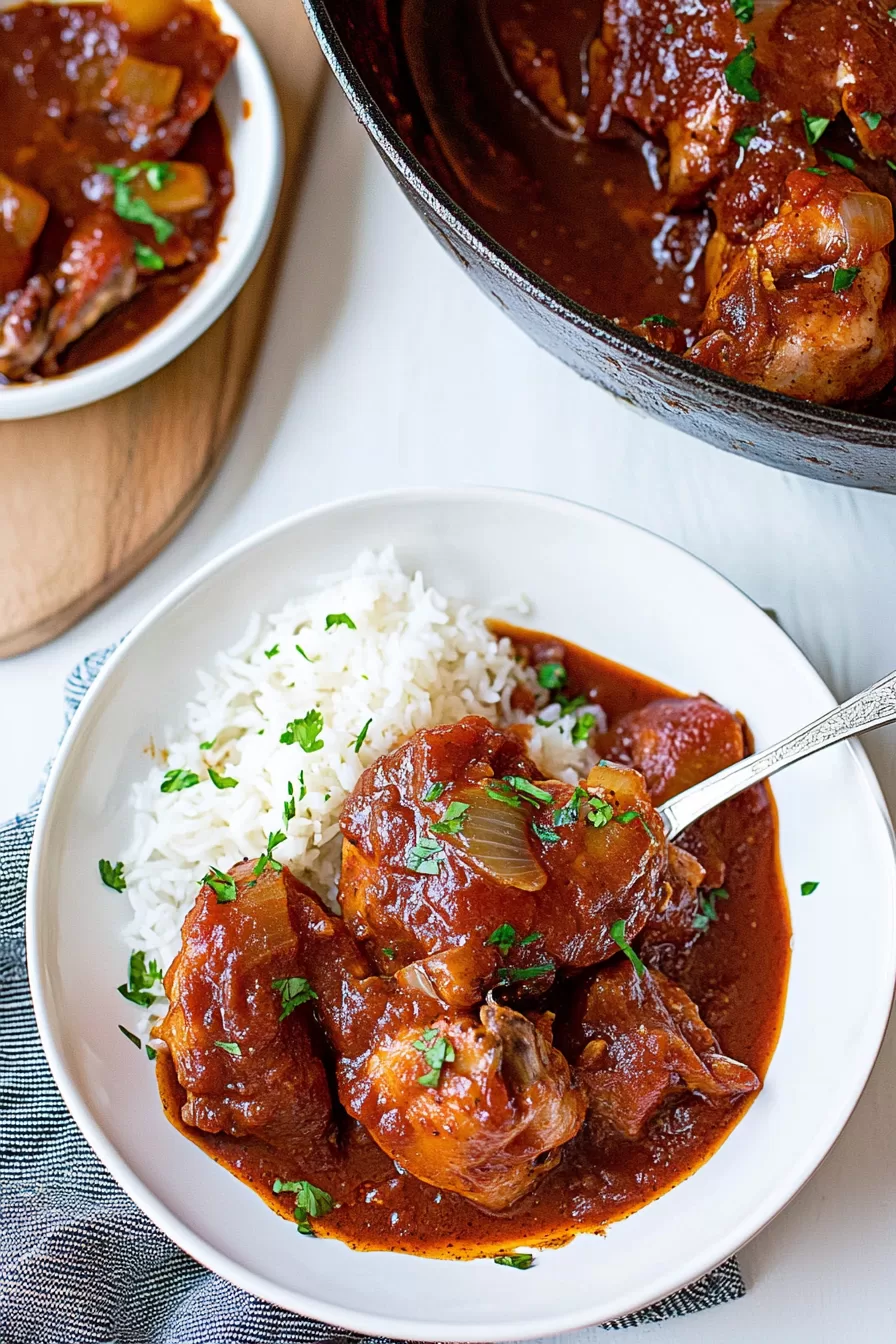 Slow-cooked chicken in deep red sauce served on a white plate with rice on the side.