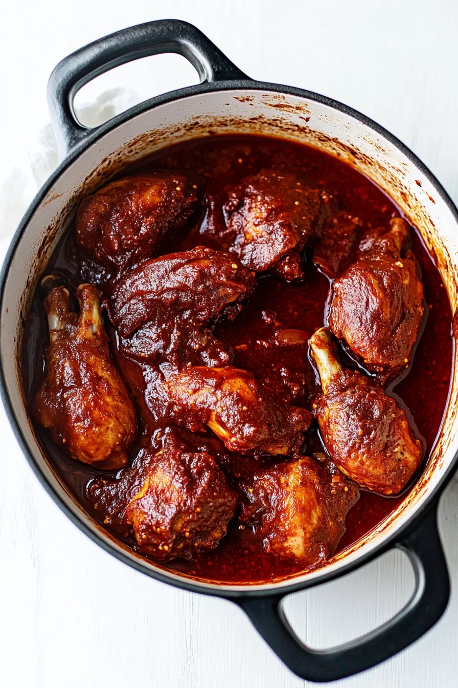 Close-up of tender, saucy chicken pieces topped with fresh lime wedges.