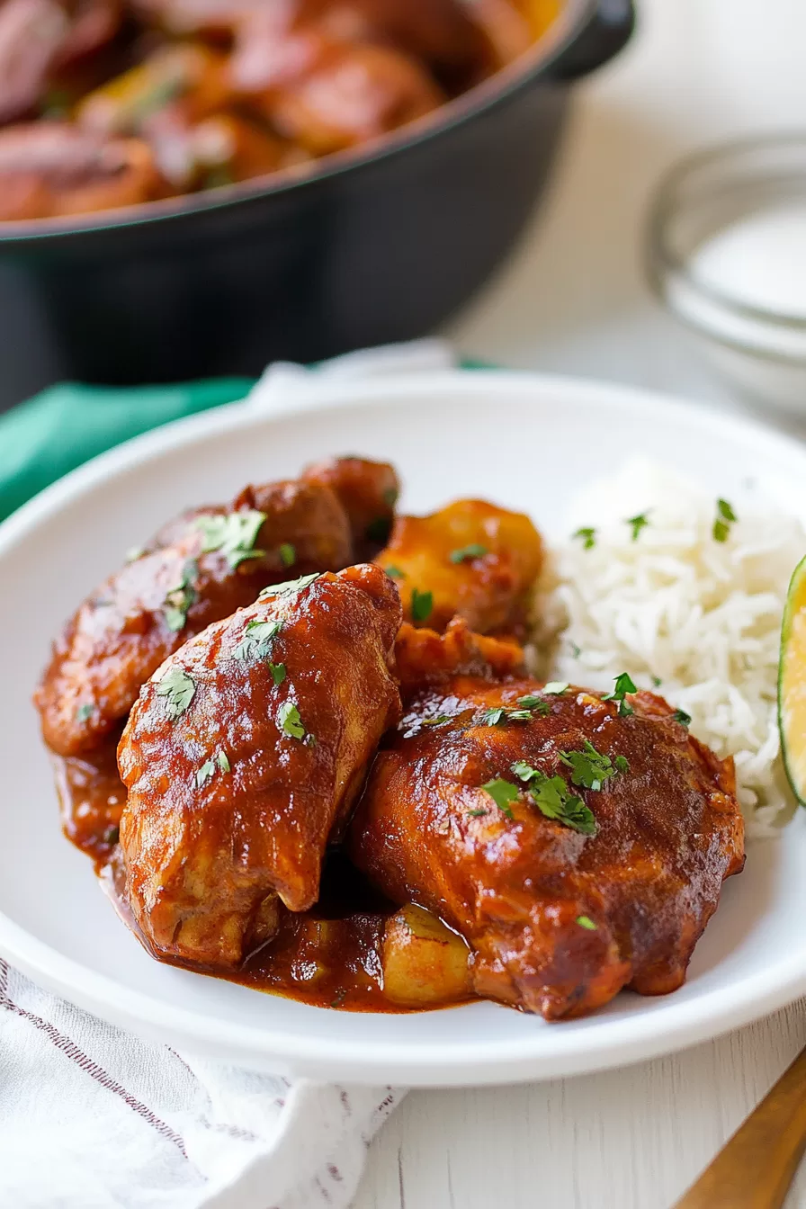 Juicy chicken thighs in a rich, spiced adobo sauce, garnished with fresh herbs.