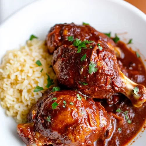 Plate of flavorful adobo chicken garnished with herbs, ready to be served.