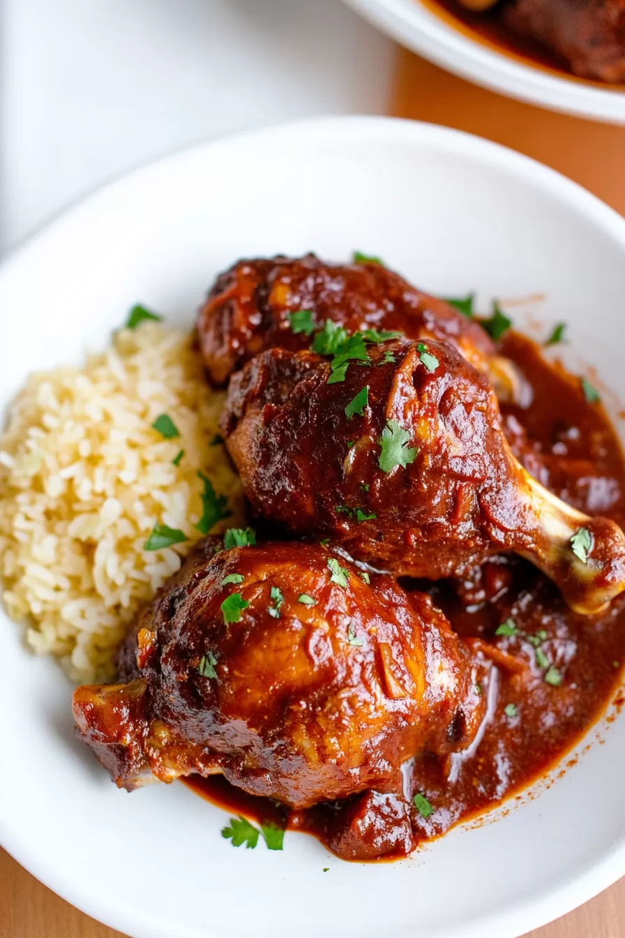 Plate of flavorful adobo chicken garnished with herbs, ready to be served.