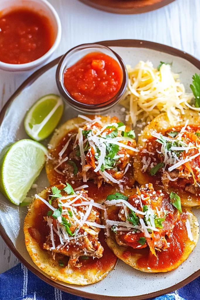 A serving plate of garnachas prepared with toppings for a colorful Mexican meal.