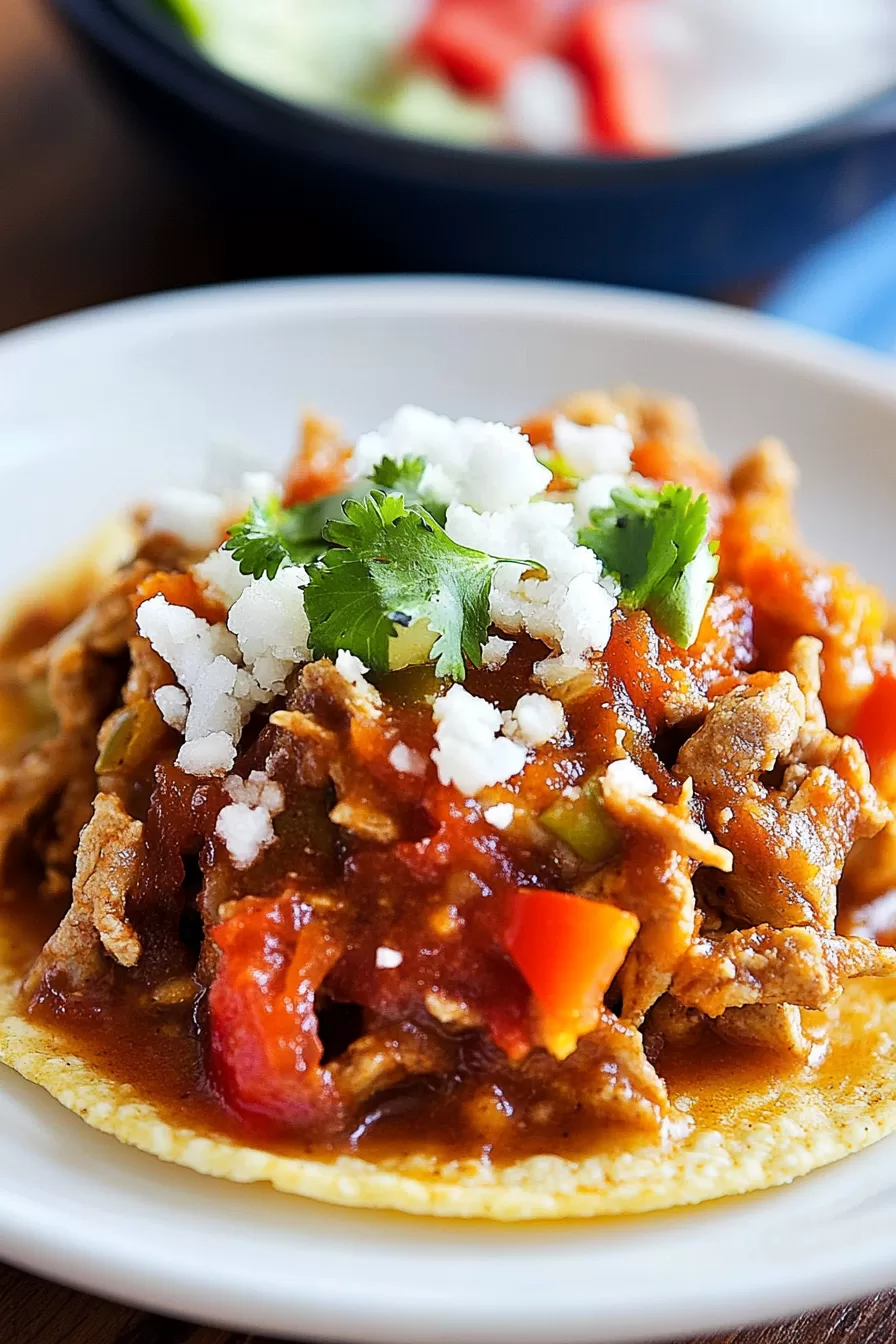 Close-up of garnished crispy tortillas with colorful toppings.