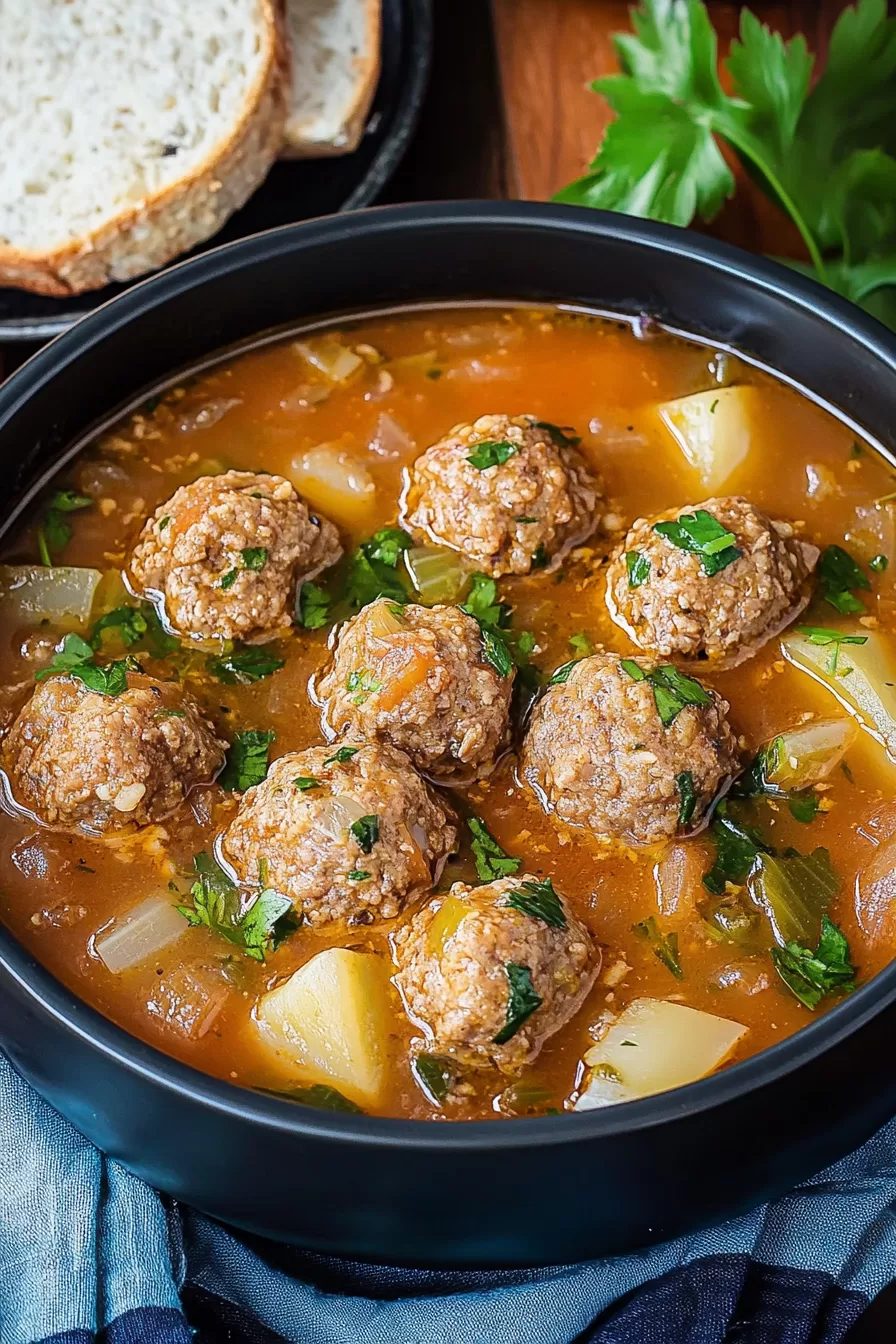 Warm broth with meatballs, carrots, and zucchini garnished with fresh herbs.