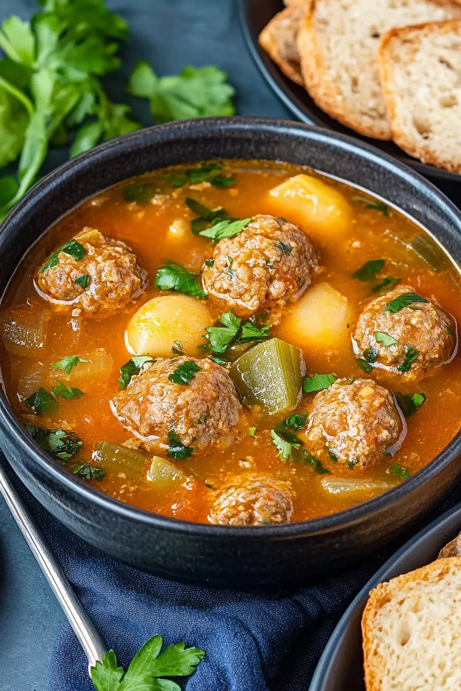 Hearty meatball soup with colorful vegetables floating in a rich broth.