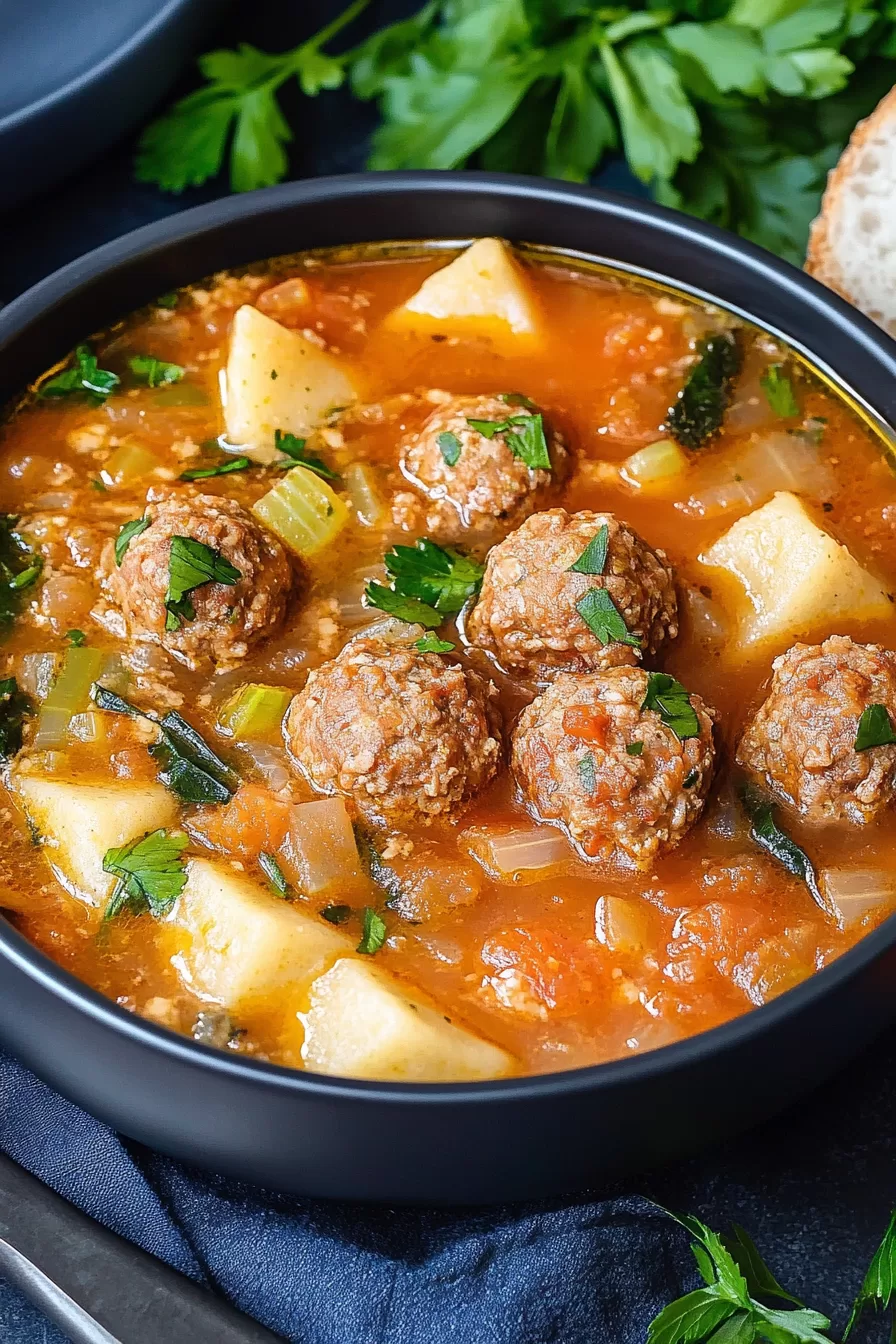 Top view of a vibrant soup with meatballs and colorful vegetables.