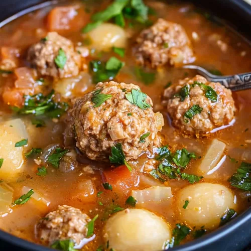 A close-up of a bowl filled with hearty meatball soup featuring fresh vegetables.