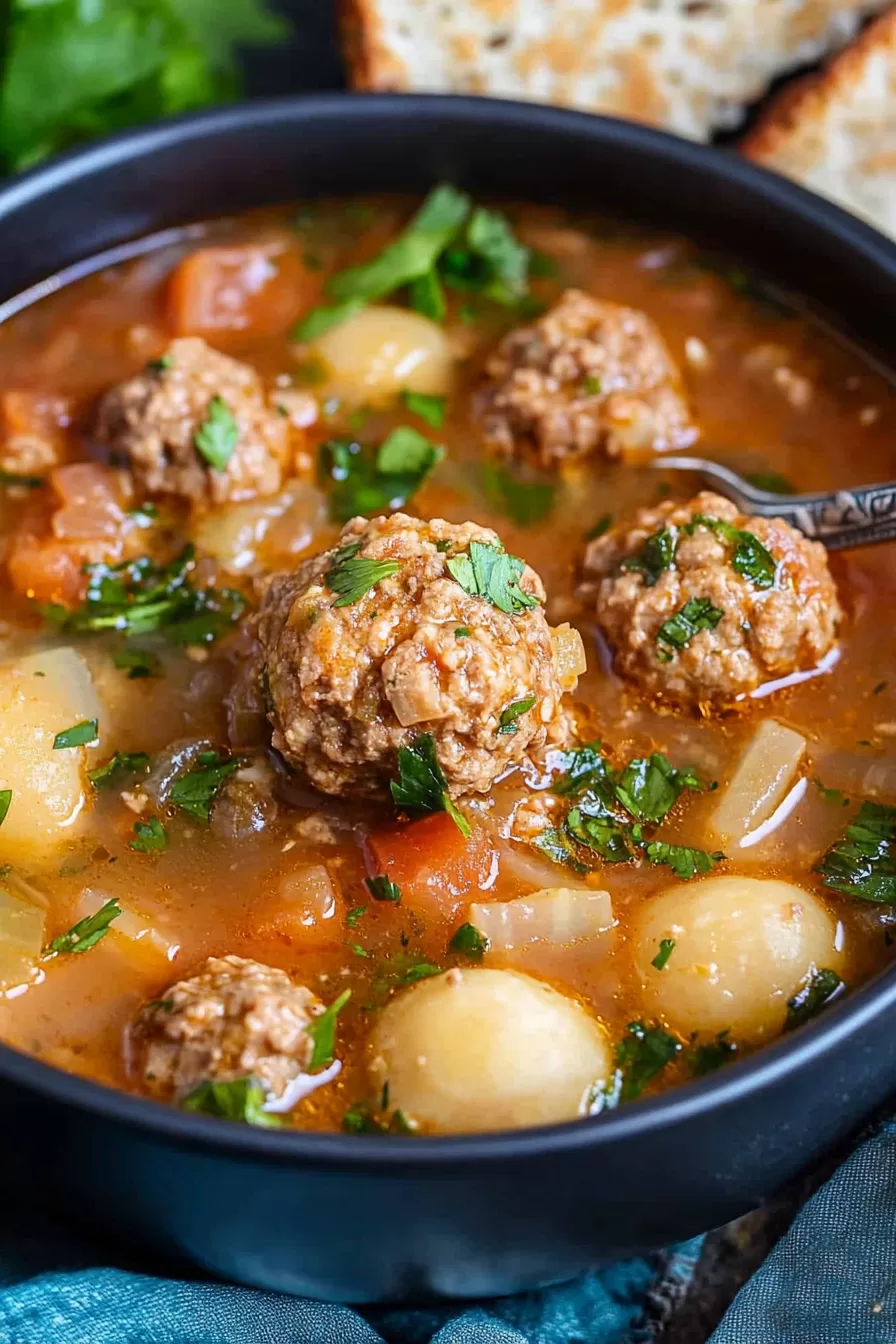 A close-up of a bowl filled with hearty meatball soup featuring fresh vegetables.