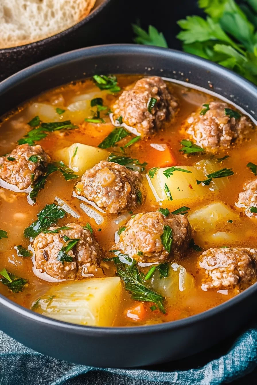 Bowl of savory broth with tender meatballs, surrounded by fresh cilantro leaves.