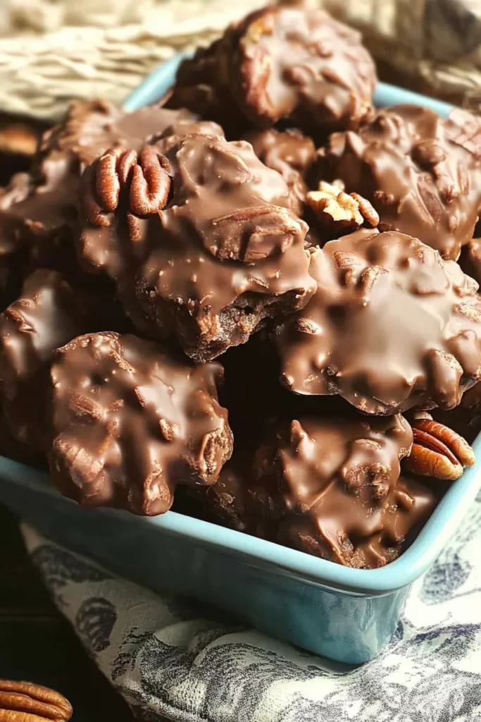 Close-up of rich, homemade nut clusters glistening under warm lighting.