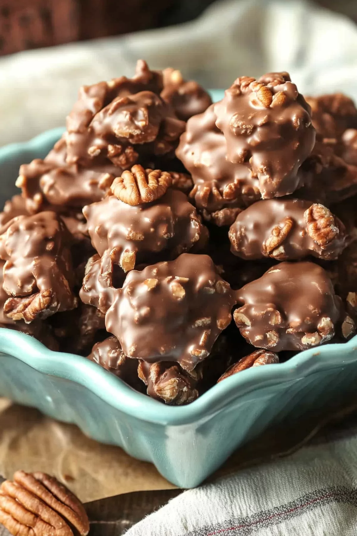 A glossy tray of nutty chocolate candies with a smooth caramel finish.