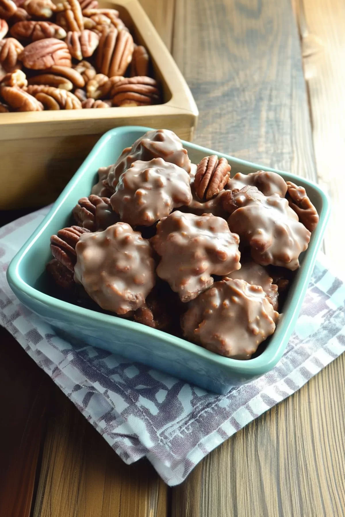 A rustic presentation of bite-sized confections loaded with pecans and drizzled in chocolate.