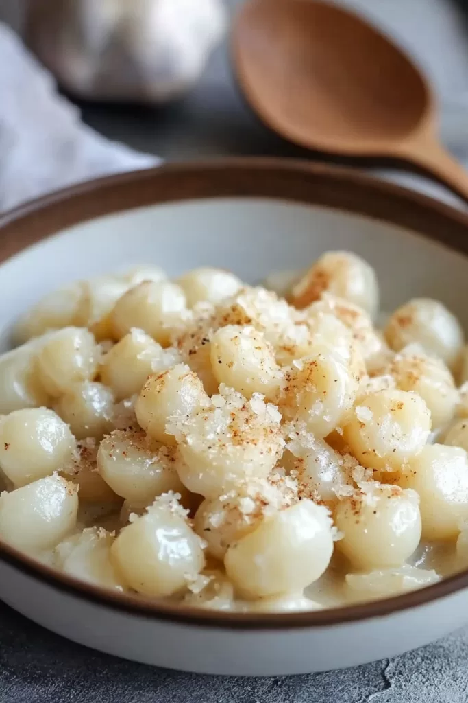 Warm and comforting creamed pearl onions, showcasing a rich, savory sauce.