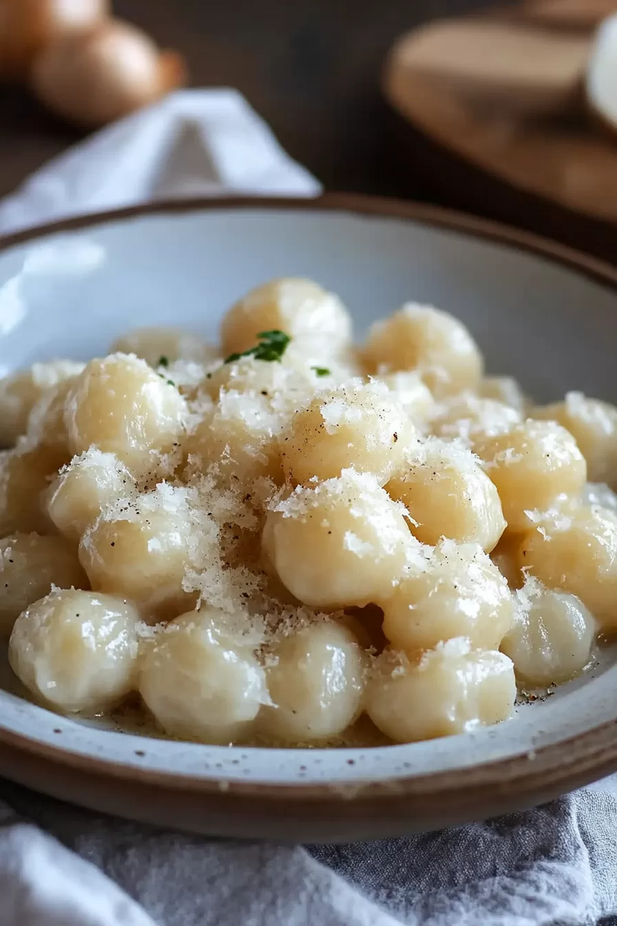 Bowl of buttery creamed pearl onions, garnished with freshly grated Parmesan cheese.