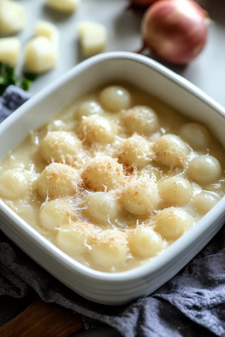 Creamy pearl onions served in a rustic ceramic dish, perfect for a holiday side.