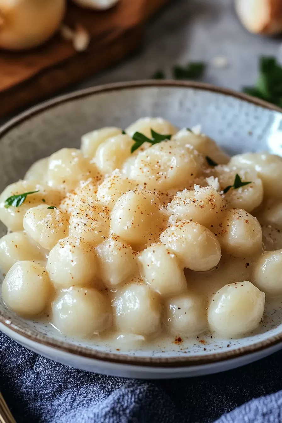 Velvety creamed pearl onions with a light dusting of black pepper and parsley for garnish.