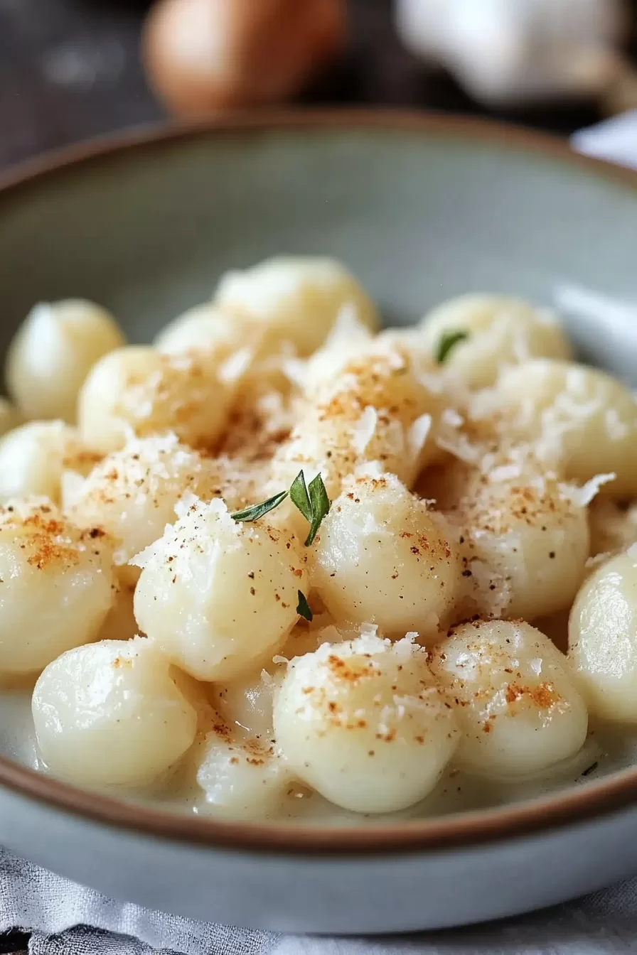 Close-up of tender pearl onions in a creamy sauce, topped with a sprinkle of nutmeg.