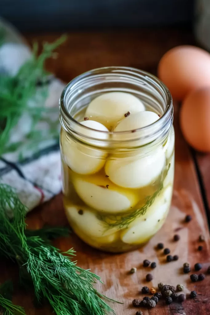 A jar filled with perfectly boiled eggs soaking in a golden pickling brine, garnished with fresh dill and peppercorns.