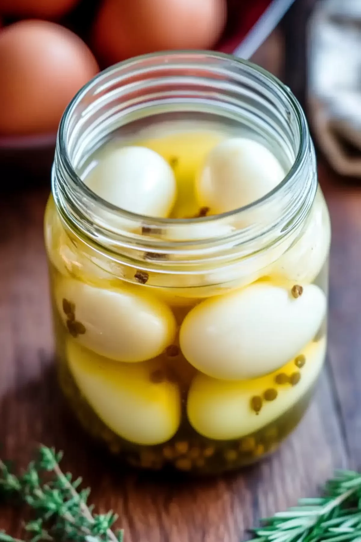 Bright white eggs preserved in a tangy vinegar mixture, captured in a rustic kitchen setting with natural light.