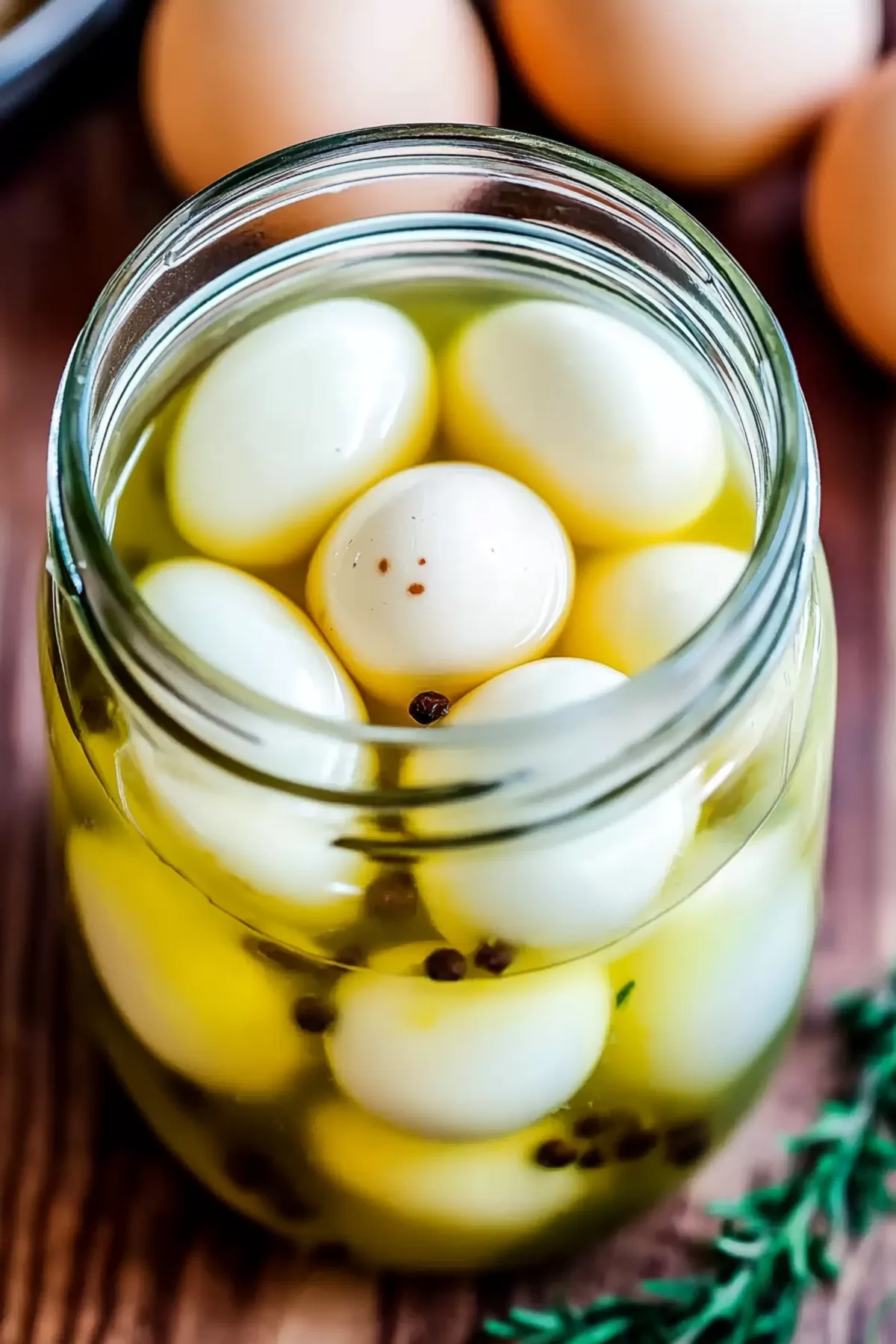 Close-up of eggs pickling in a clear glass jar, surrounded by fresh herbs and spices on a wooden countertop.