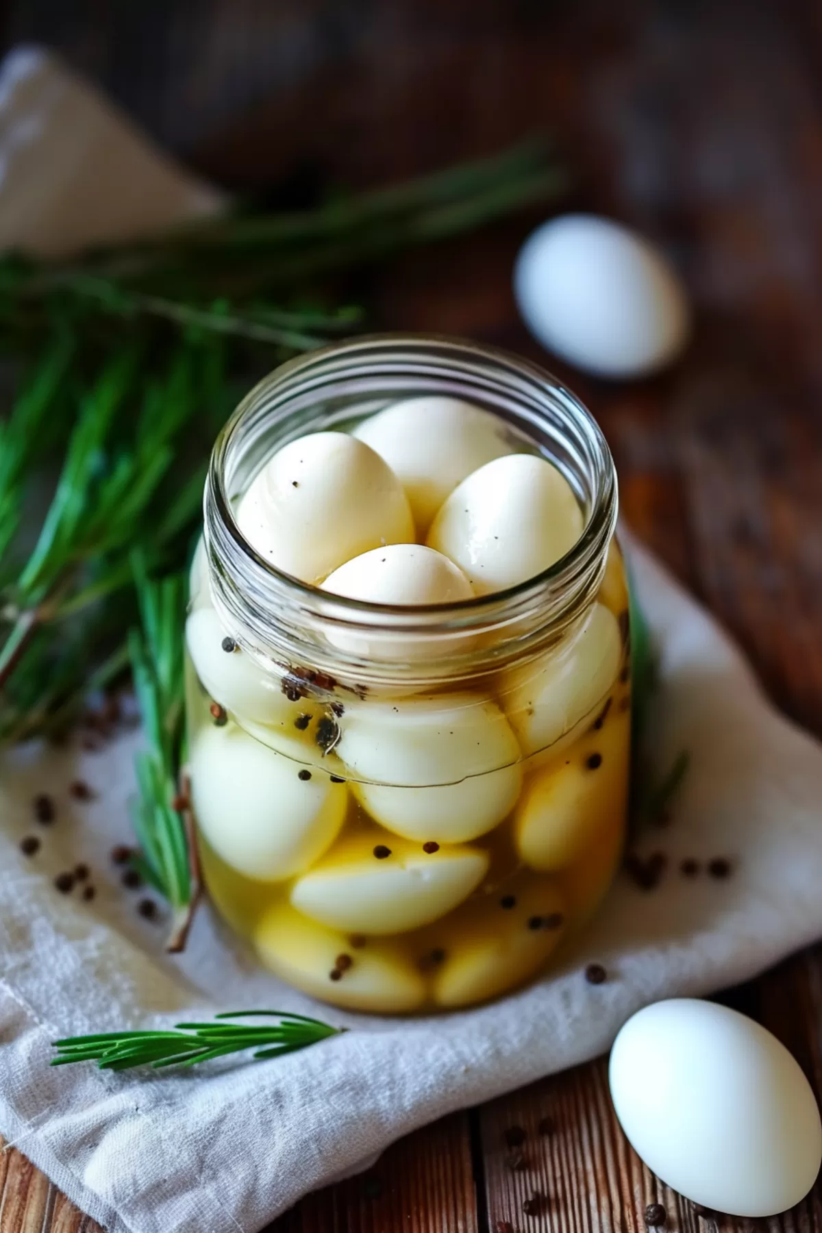 Homemade pickled eggs in a brine, highlighted with peppercorns and sprigs of dill, displayed on a rustic cloth.