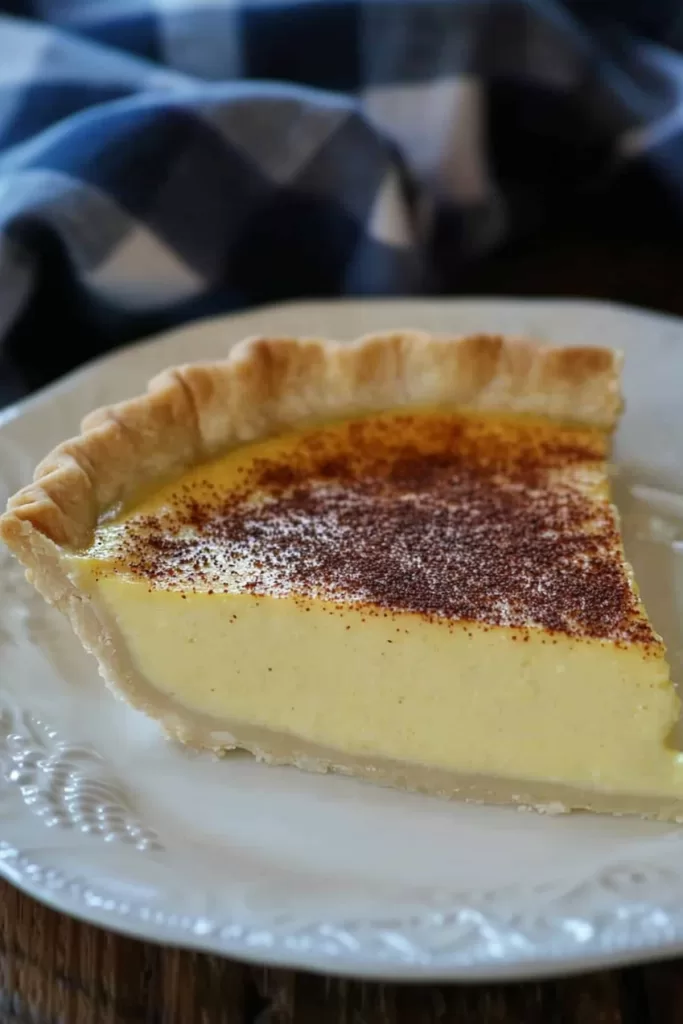 A close-up of a flaky crust holding a smooth custard filling, perfectly baked.