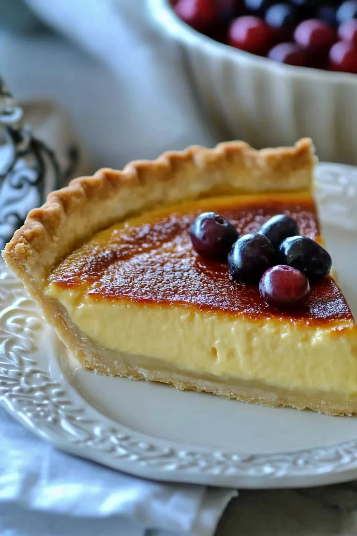 A decadent custard pie topped with vibrant berries for a pop of color.