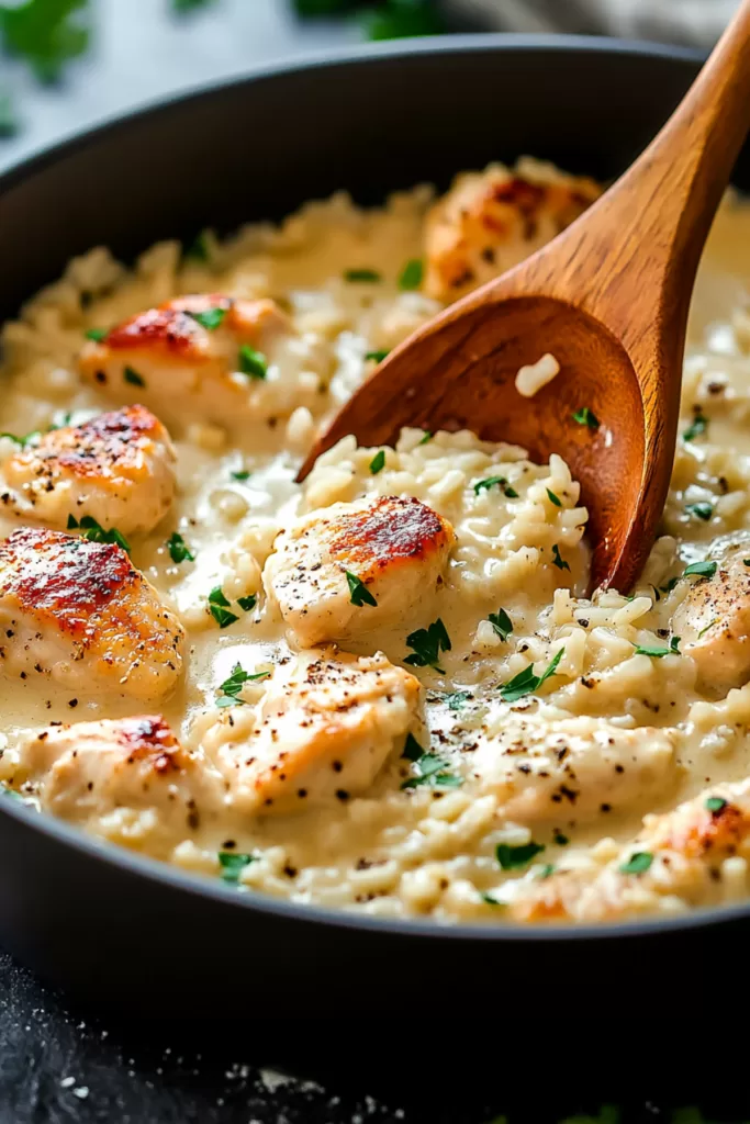 A skillet of creamy rice and chicken, garnished with Parmesan and parsley, ready for serving.