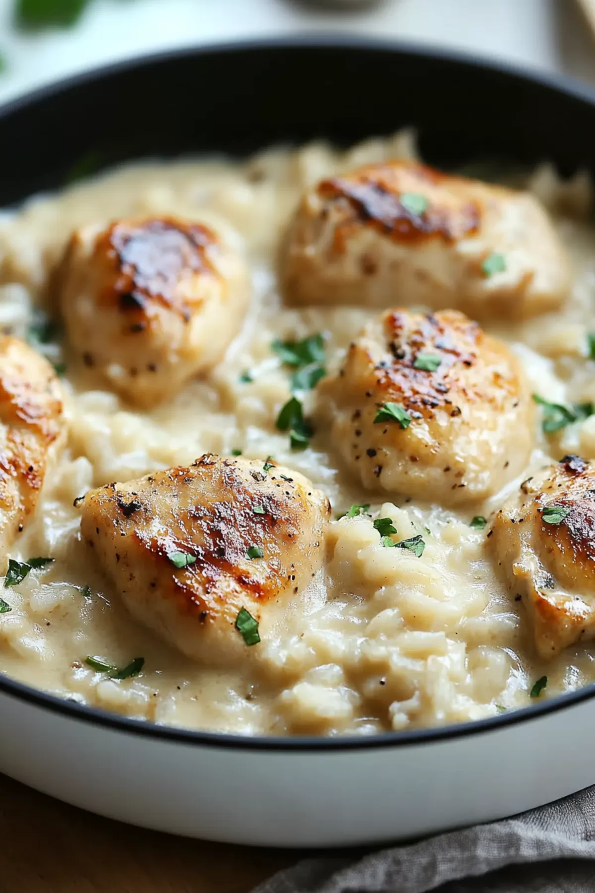 A skillet filled with creamy rice and golden chicken breasts topped with grated Parmesan cheese.