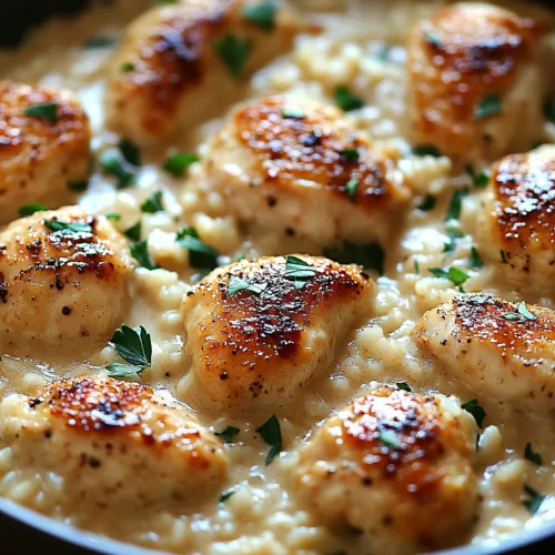 A close-up of tender chicken resting on a bed of creamy rice, sprinkled with fresh herbs.