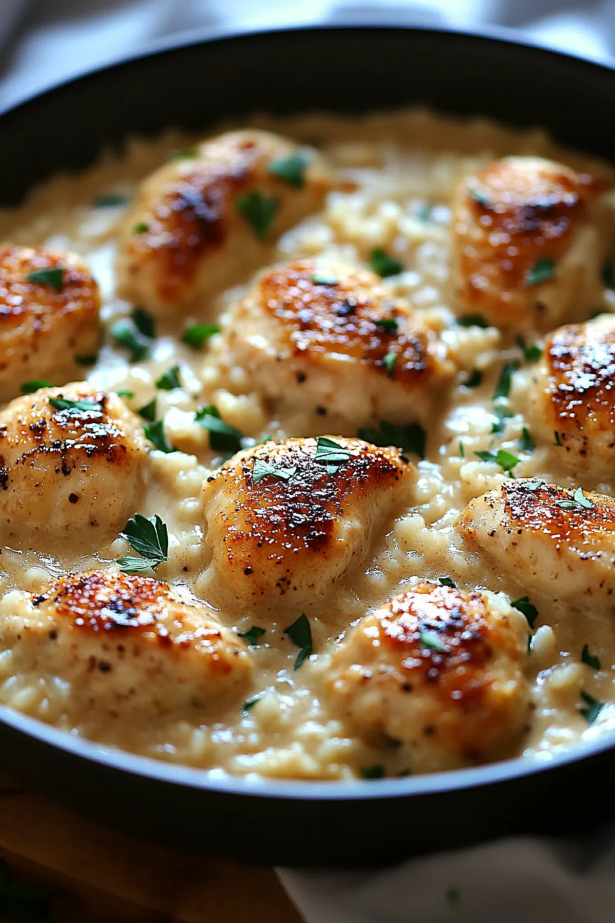 A close-up of tender chicken resting on a bed of creamy rice, sprinkled with fresh herbs.