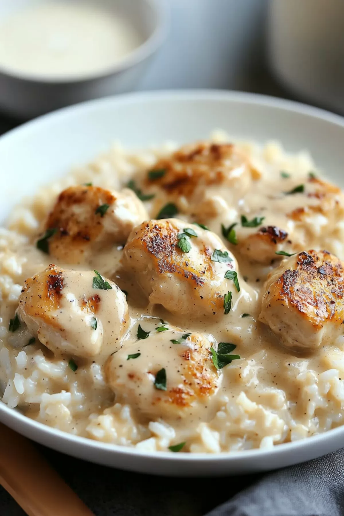 A dinner plate featuring a portion of creamy rice paired with a perfectly cooked chicken breast.