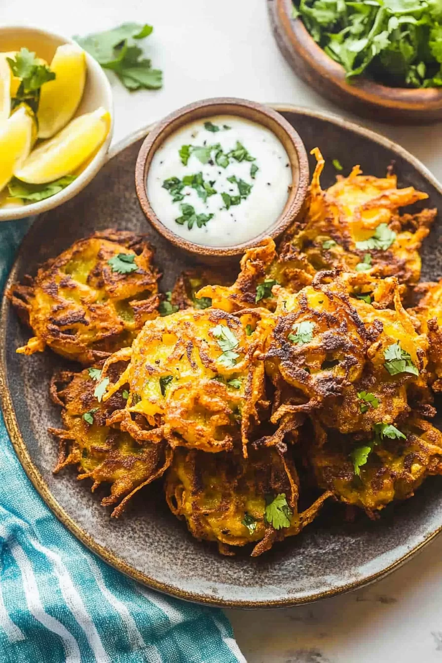 Crispy, golden-brown fritters made with shredded onions and spices, served with a side of yogurt sauce.