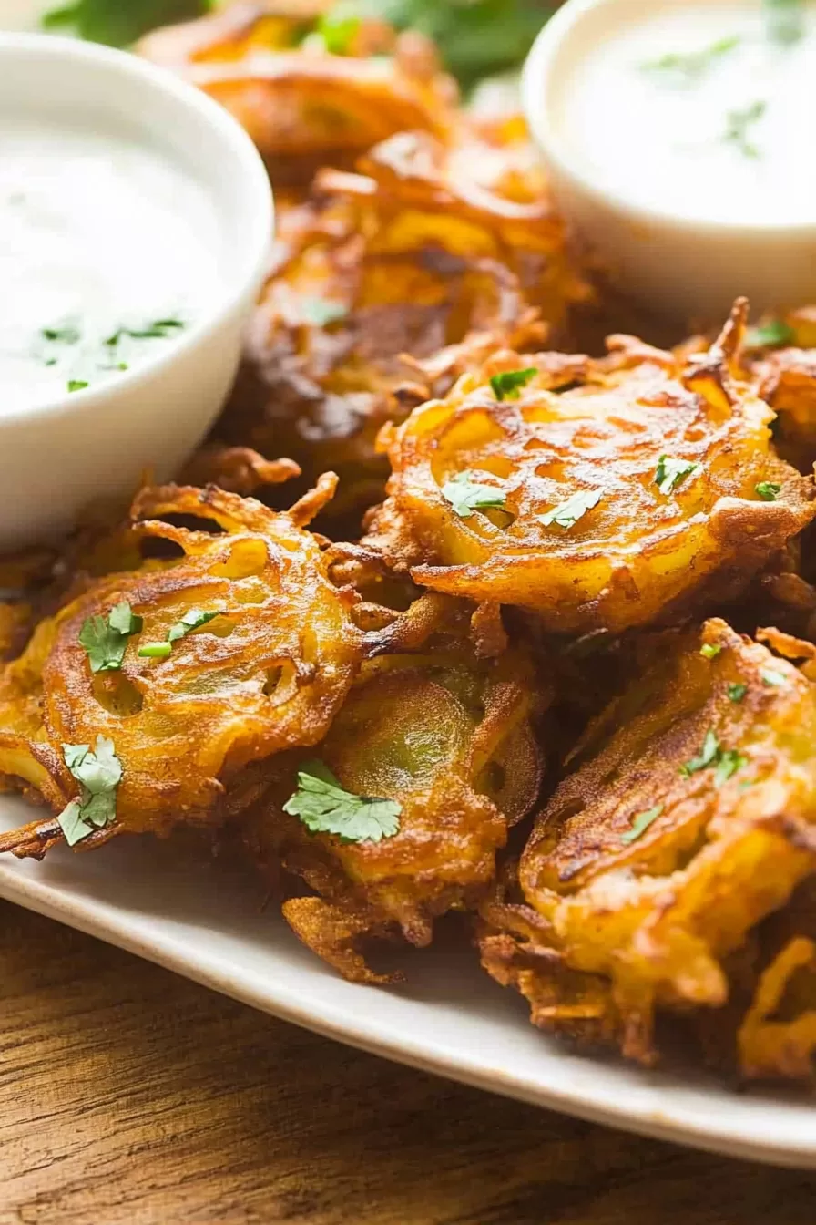 Close-up of crunchy onion fritters garnished with fresh cilantro, perfect for dipping.